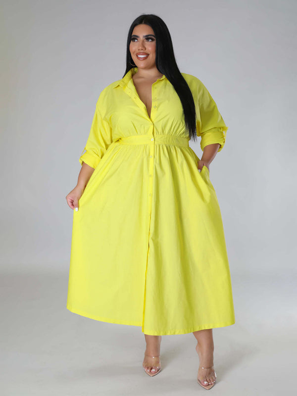 Plus Size Women's Solid Color Long Sleeve Shirt Dresses - D'TWINS FASHION