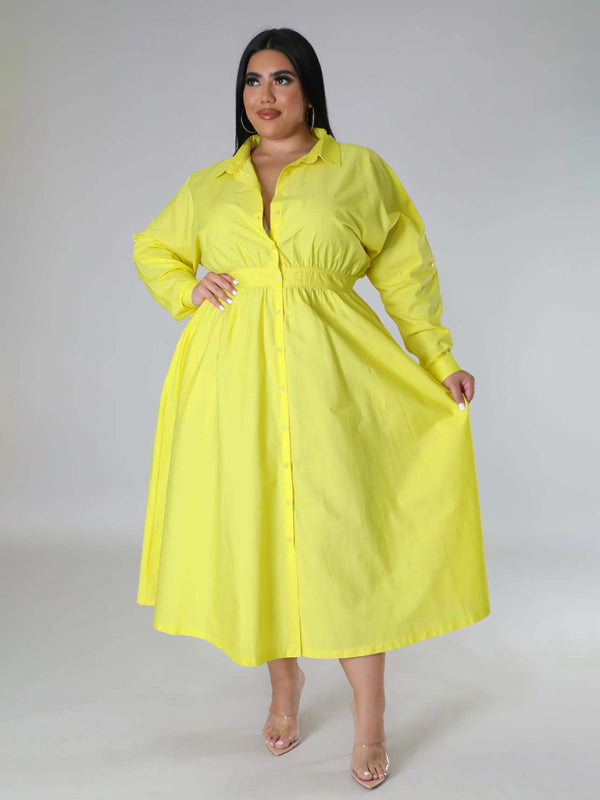 Plus Size Women's Solid Color Long Sleeve Shirt Dresses - D'TWINS FASHION