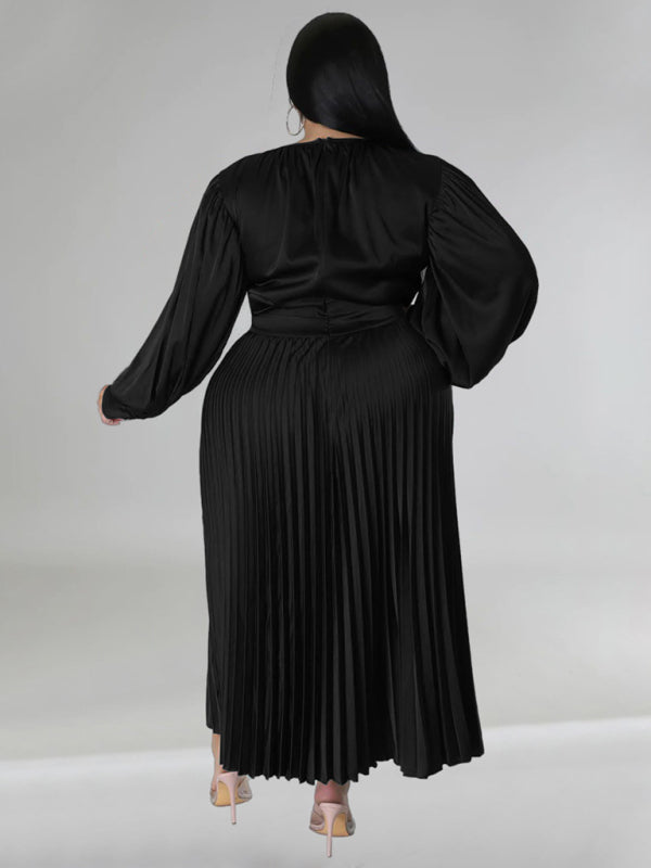 Plus Size Women's Pleated Round Neck Long Sleeve Dress - D'TWINS FASHION