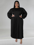 Plus Size Women's Pleated Round Neck Long Sleeve Dress - D'TWINS FASHION