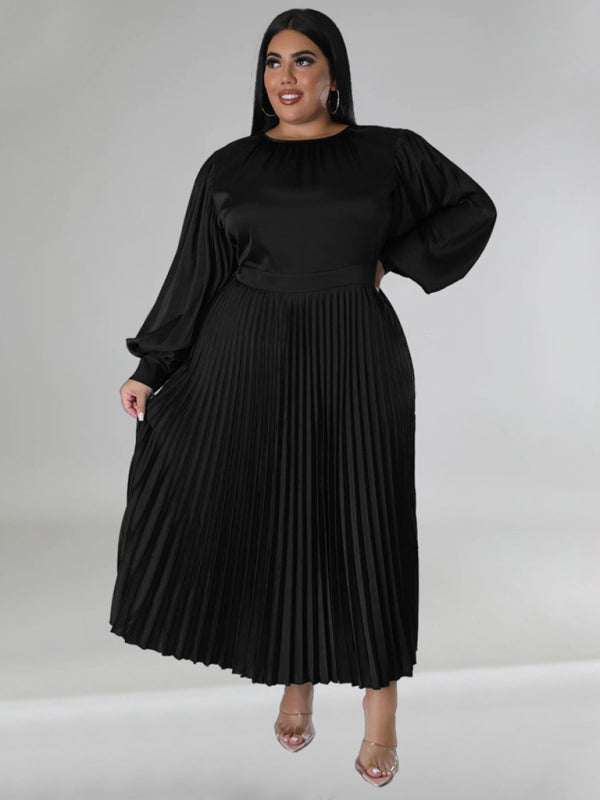 Plus Size Women's Pleated Round Neck Long Sleeve Dress - D'TWINS FASHION