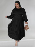 Plus Size Women's Pleated Round Neck Long Sleeve Dress - D'TWINS FASHION