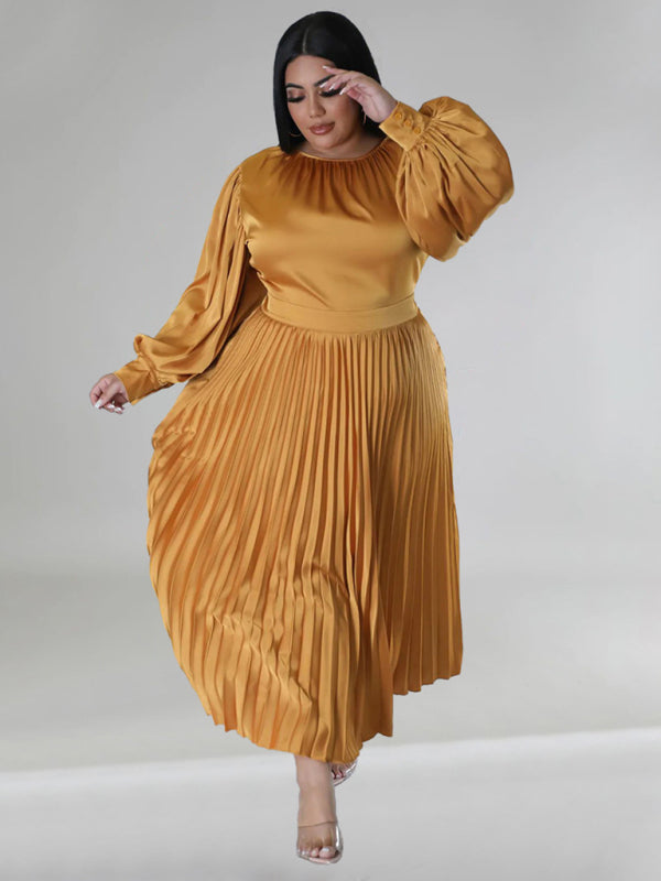 Plus Size Women's Pleated Round Neck Long Sleeve Dress - D'TWINS FASHION