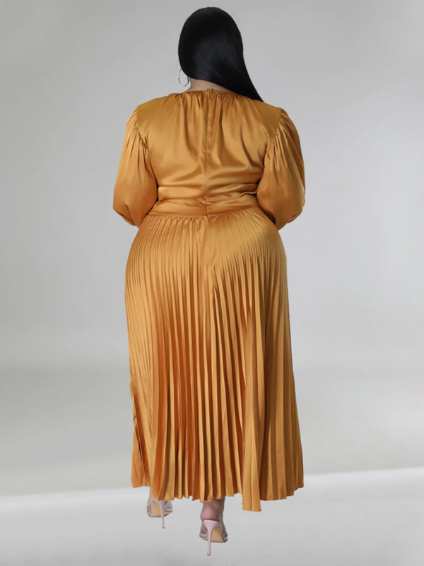 Plus Size Women's Pleated Round Neck Long Sleeve Dress - D'TWINS FASHION