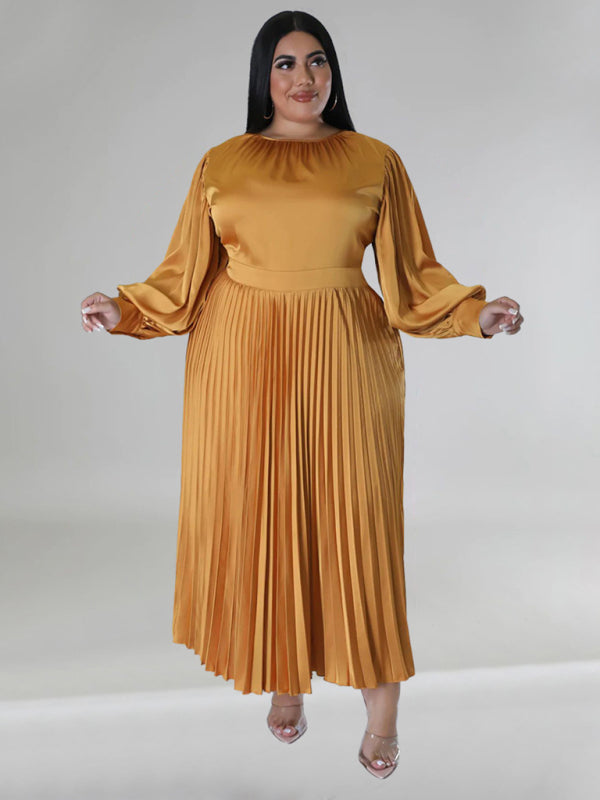 Plus Size Women's Pleated Round Neck Long Sleeve Dress - D'TWINS FASHION