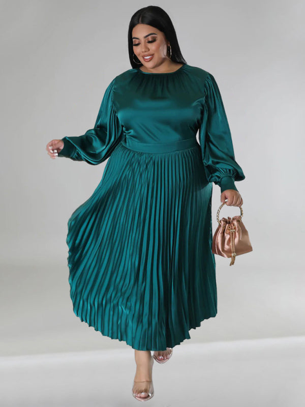 Plus Size Women's Pleated Round Neck Long Sleeve Dress - D'TWINS FASHION
