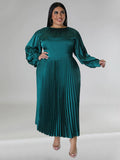 Plus Size Women's Pleated Round Neck Long Sleeve Dress - D'TWINS FASHION