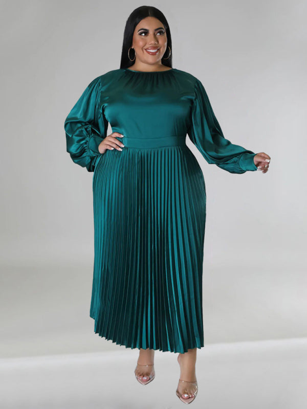 Plus Size Women's Pleated Round Neck Long Sleeve Dress - D'TWINS FASHION
