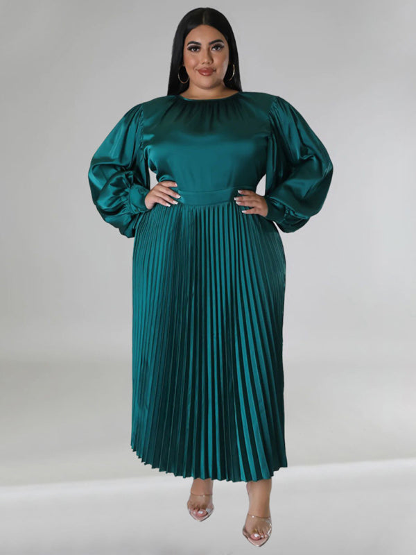 Plus Size Women's Pleated Round Neck Long Sleeve Dress - D'TWINS FASHION