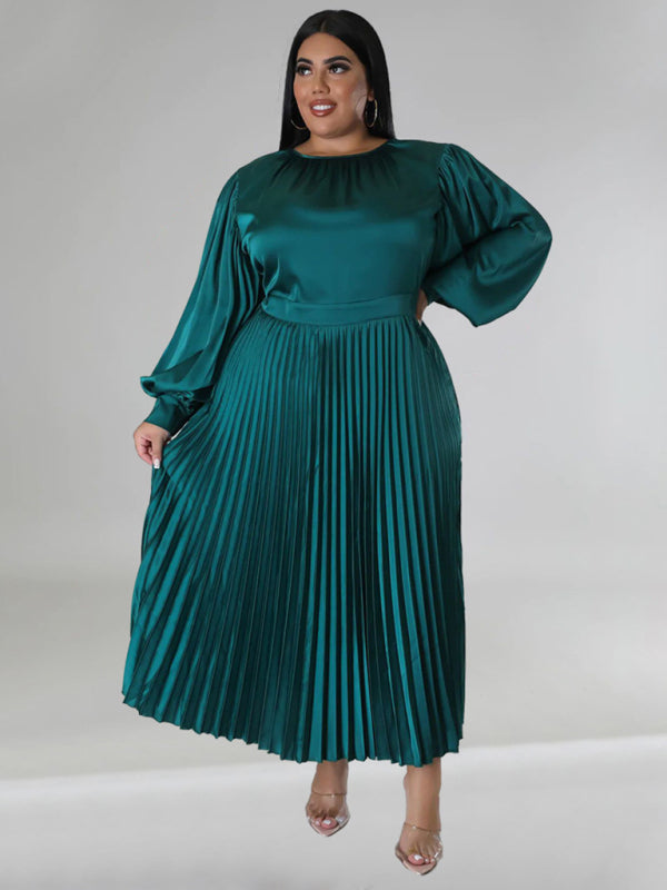 Plus Size Women's Pleated Round Neck Long Sleeve Dress - D'TWINS FASHION