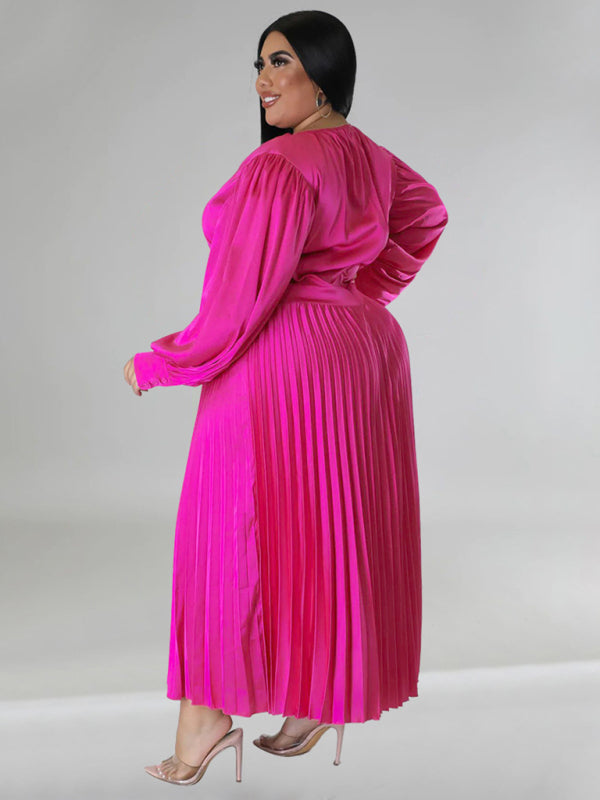 Plus Size Women's Pleated Round Neck Long Sleeve Dress - D'TWINS FASHION