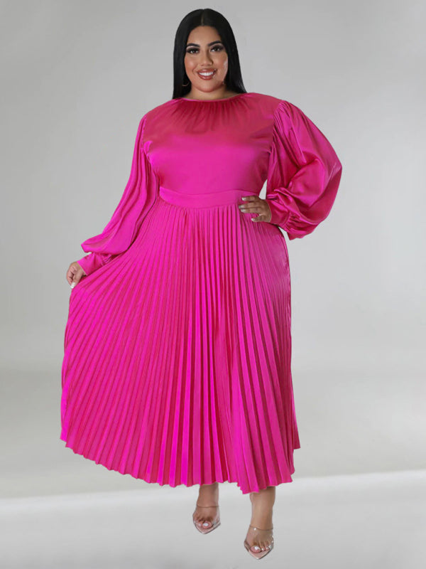 Plus Size Women's Pleated Round Neck Long Sleeve Dress - D'TWINS FASHION