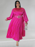 Plus Size Women's Pleated Round Neck Long Sleeve Dress - D'TWINS FASHION
