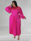 Plus Size Women's Pleated Round Neck Long Sleeve Dress - D'TWINS FASHION