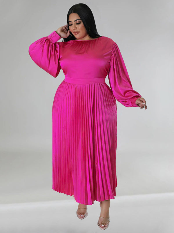 Plus Size Women's Pleated Round Neck Long Sleeve Dress - D'TWINS FASHION