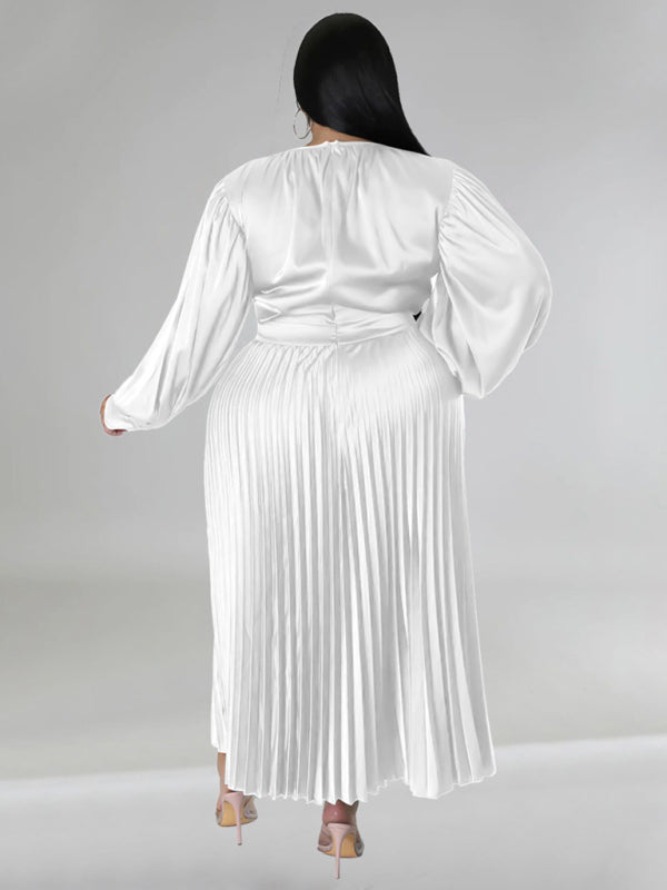 Plus Size Women's Pleated Round Neck Long Sleeve Dress - D'TWINS FASHION