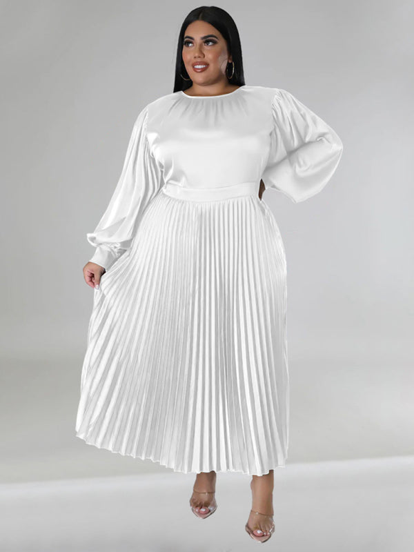 Plus Size Women's Pleated Round Neck Long Sleeve Dress - D'TWINS FASHION