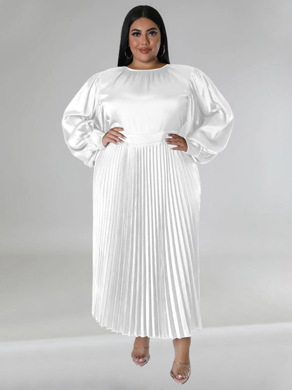 Plus Size Women's Pleated Round Neck Long Sleeve Dress - D'TWINS FASHION