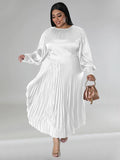 Plus Size Women's Pleated Round Neck Long Sleeve Dress - D'TWINS FASHION