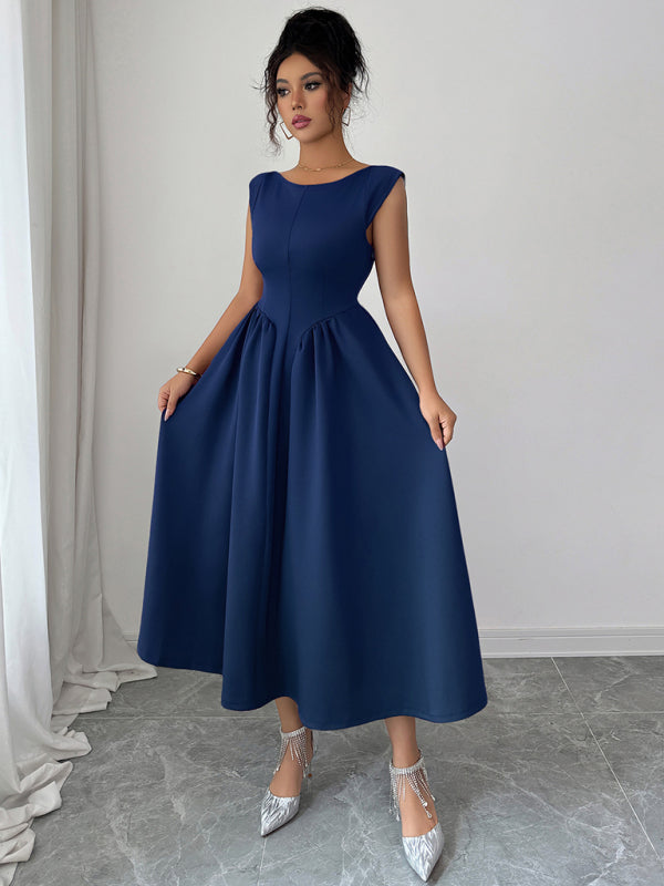 Elegant solid color waisted sleeveless maxi dress - D'TWINS FASHION