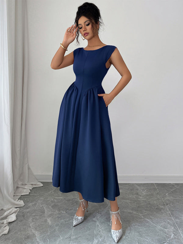 Elegant solid color waisted sleeveless maxi dress - D'TWINS FASHION