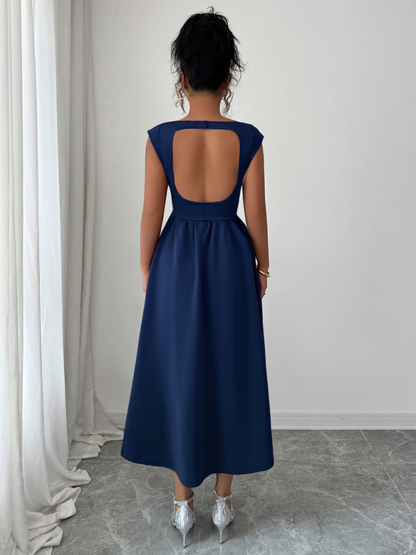 Elegant solid color waisted sleeveless maxi dress - D'TWINS FASHION