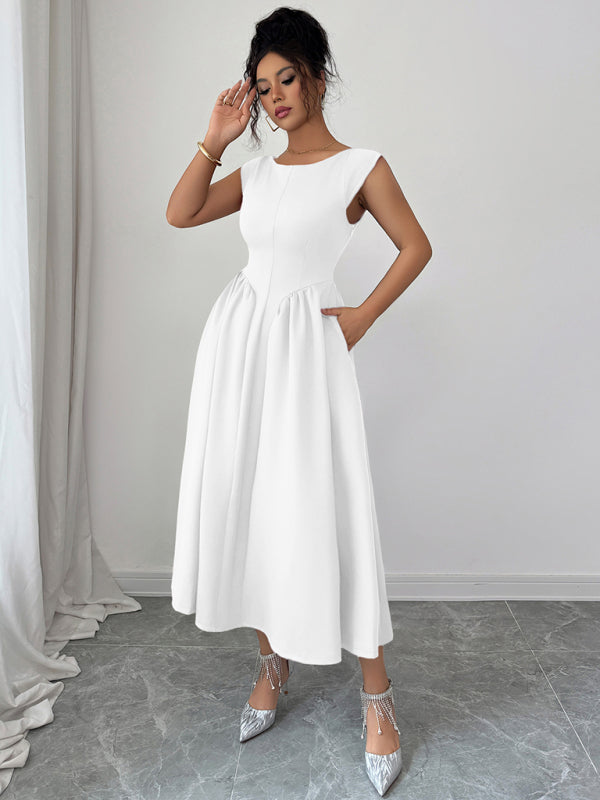 Elegant solid color waisted sleeveless maxi dress - D'TWINS FASHION