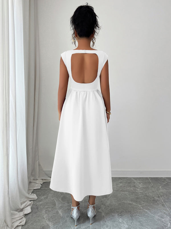 Elegant solid color waisted sleeveless maxi dress - D'TWINS FASHION