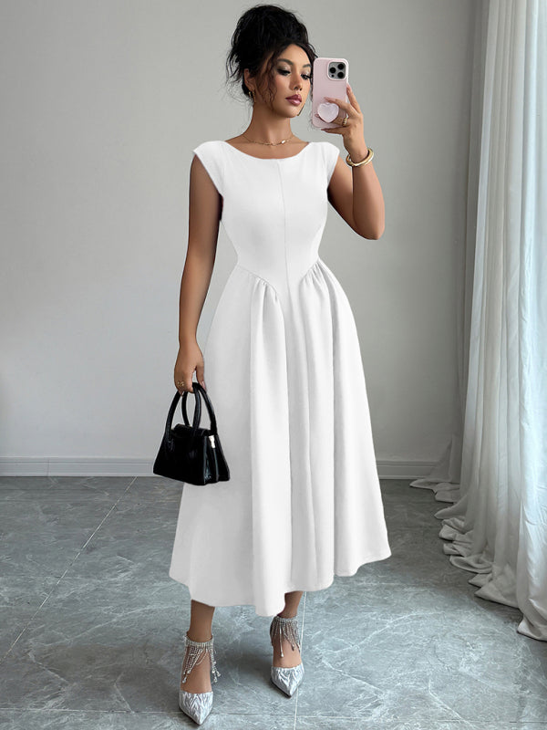 Elegant solid color waisted sleeveless maxi dress - D'TWINS FASHION