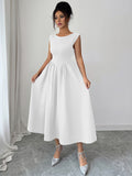 Elegant solid color waisted sleeveless maxi dress - D'TWINS FASHION