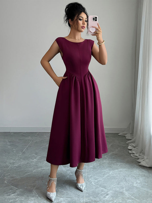 Elegant solid color waisted sleeveless maxi dress - D'TWINS FASHION