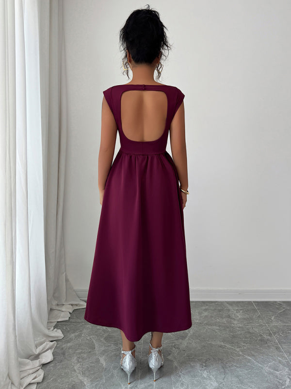 Elegant solid color waisted sleeveless maxi dress - D'TWINS FASHION