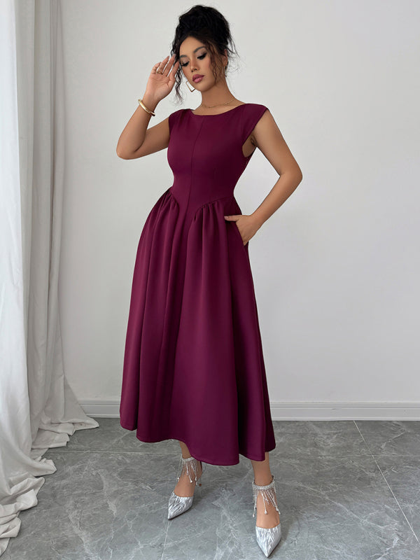 Elegant solid color waisted sleeveless maxi dress - D'TWINS FASHION