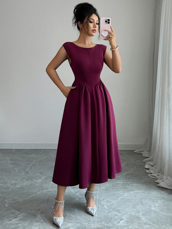 Elegant solid color waisted sleeveless maxi dress - D'TWINS FASHION