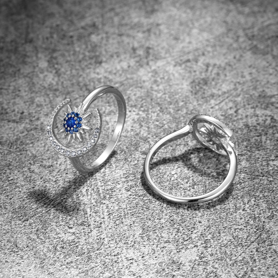 925 Sterling Silver Zircon Open Rings Sun Devil's Eye Moon