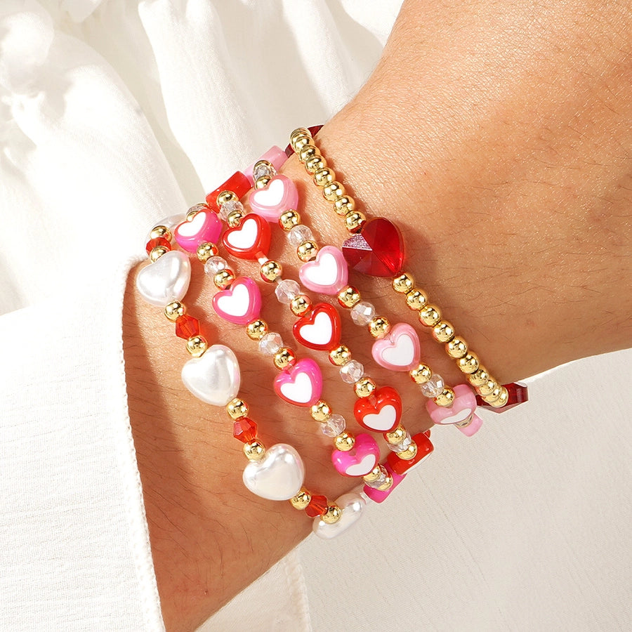 Bohemian Heart Shape Imitation Pearl Copper Beaded Chain Beaded Bracelets