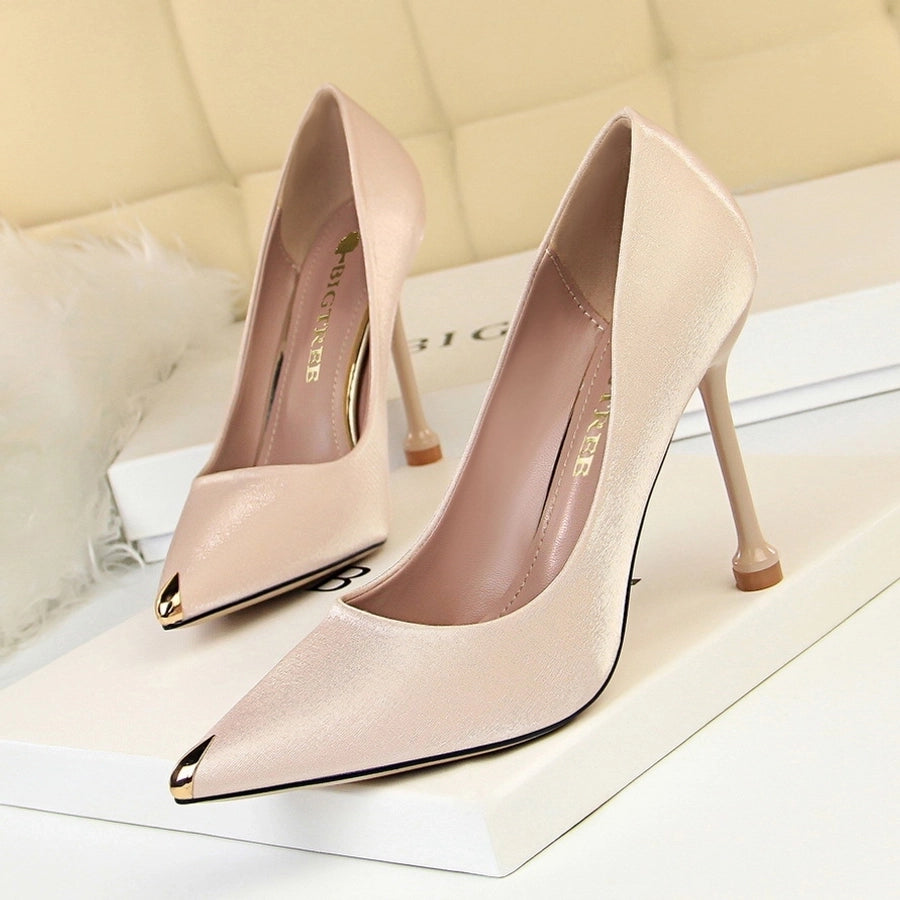 1823-1  style fashion banquet women's shoes thin heel high heel satin shallow mouth metal pointed Sexy Slim shoes