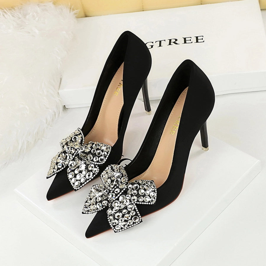 18249-H29  style banquet high heels stiletto heel shallow mouth pointed satin rhinestone bow high heel shoes